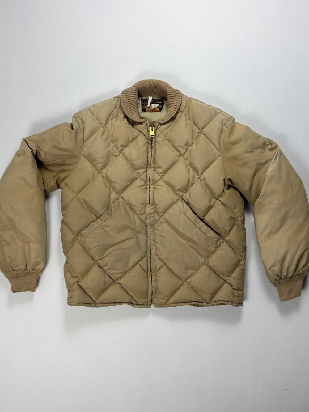Vintage Eddie Bauer Mens Goose Down Diamond Quilted Puffer Bomber Jacket Beige M